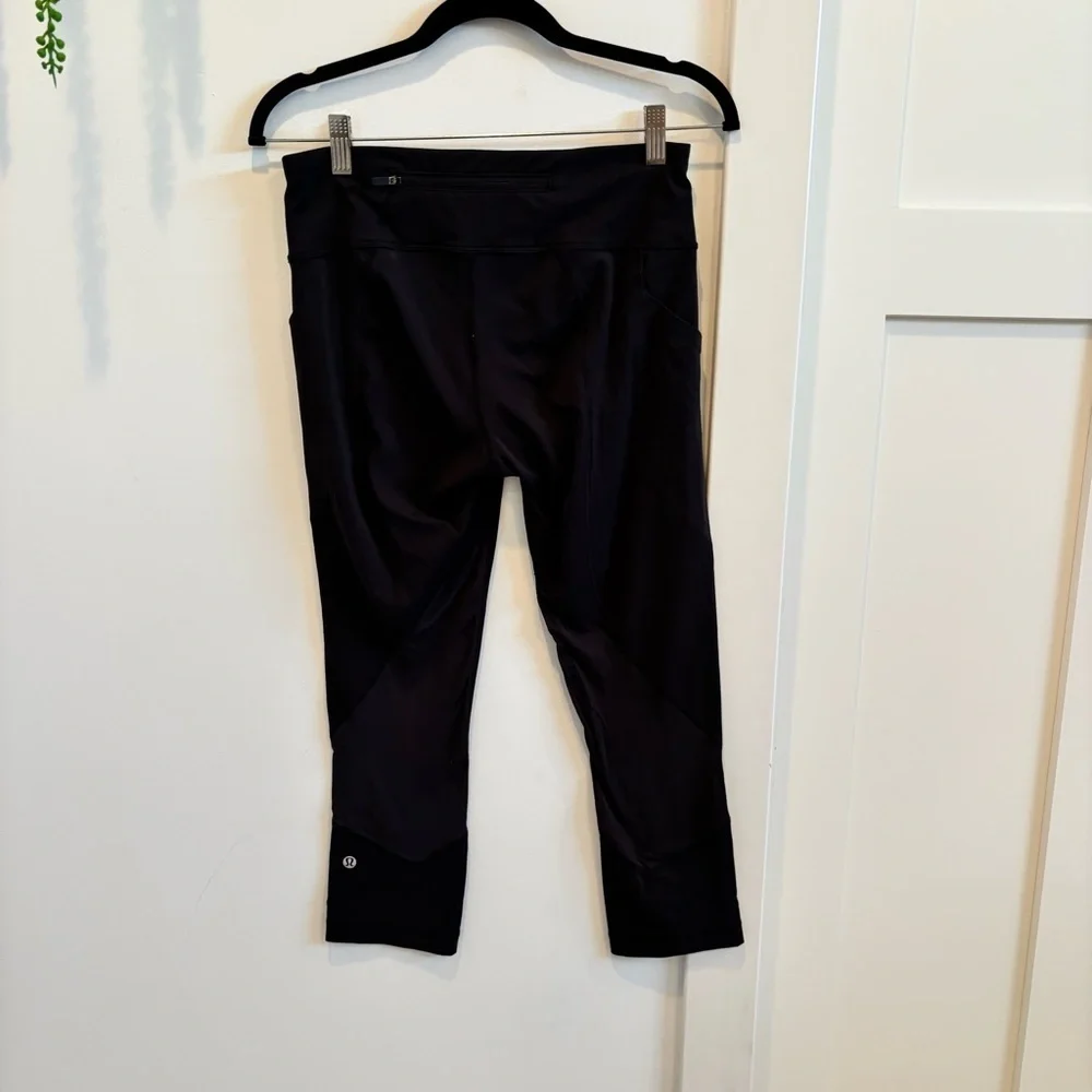 Lululemon Wunder Under Black Crop Leggings Size 6 Mesh Detail Drawstring Pockets